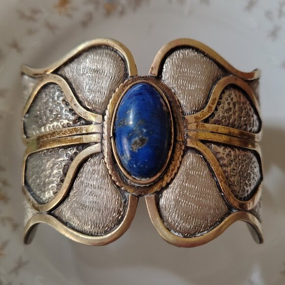 Vintage 1980s MORITA GIL Chile Mixed Metal & Lapis Lazuli Designer Bracelet 925 - Picture 1 of 10